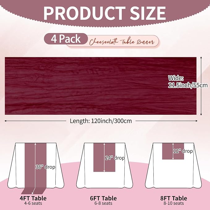 4 Pcs Burgundy Christmas Cheesecloth Table Runner 10Ft, Gauze Table Runners - Image 2