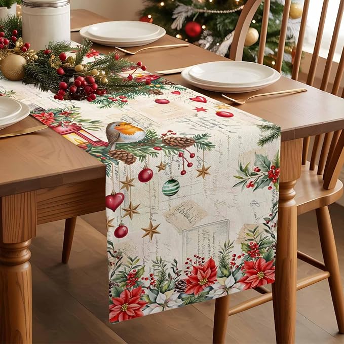 Christmas Poinsettia Table Runner 36 Inches Long, Winter Xmas Balls Birds Table - Image 3