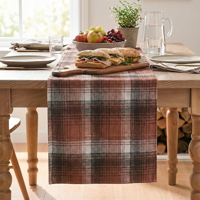Artoid Mode Caramel Brown Farmhouse Plaid Fall Table Runner 13x120 Inch | - Image 2