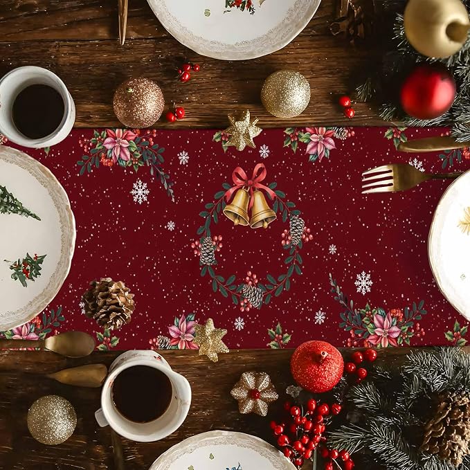 Christmas Reindeer Short Table Runners 48 Inches, Cotton Linen Fabric Red Table - Image 6