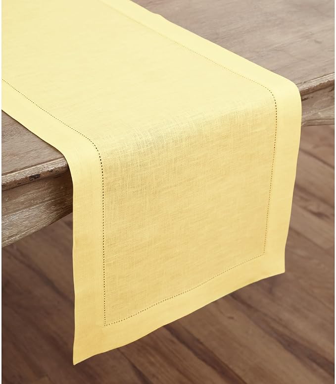 Solino Home 100% Linen Table Runner Yellow, Classic Hemstitch 14 x 108 in | - Image 2
