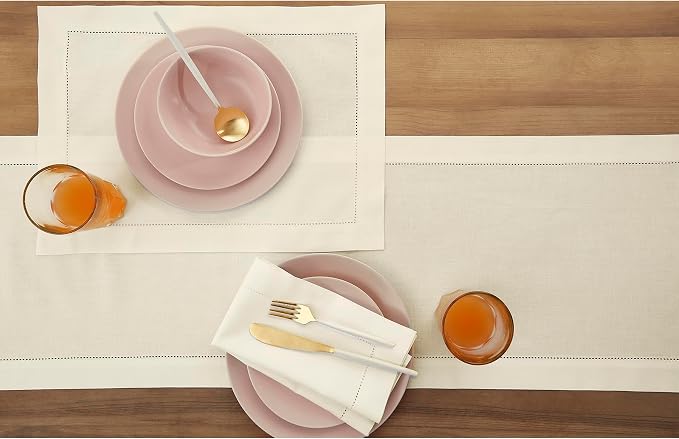 Solino Home Cotton Linen Dining Table Runner Ivory Hemstitch, 14 x 132 in | - Image 3