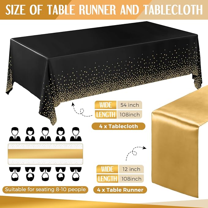 8 Pack New Year Black and Gold Disposable Plastic Tablecloths and Satin Table - Image 2