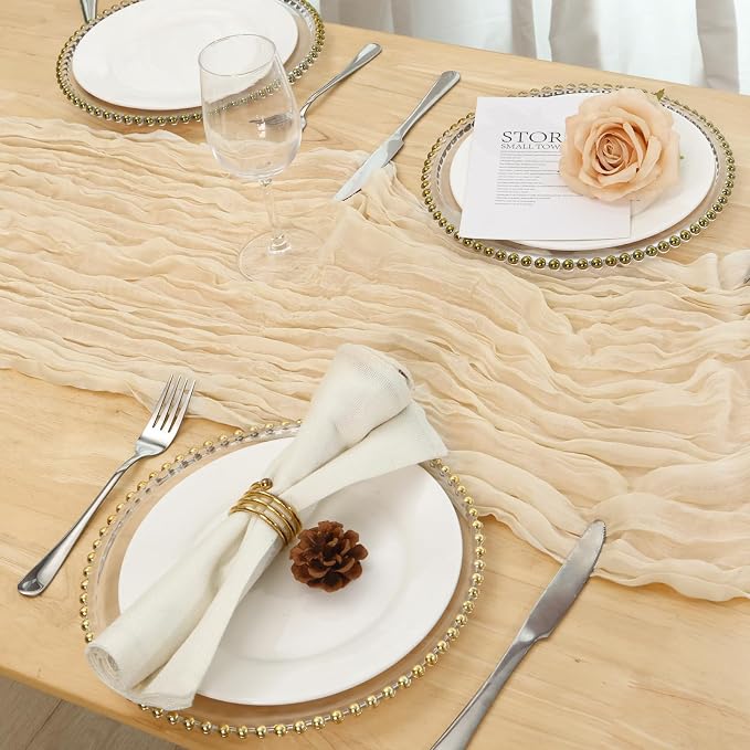 3 Pack Ivory Cream Cheesecloth Table Runner 120 Inch Boho Wedding Decor | - Image 5