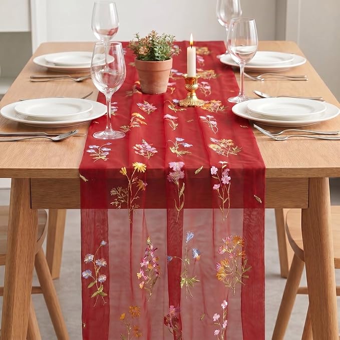 Artoid Mode Wildflower Floral Red Gauze Embroidery Table Runner 120 Inch 10FT - Image 3