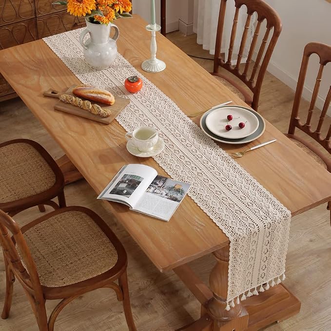 meioro Crochet Lace Table Runner, 12x86 Inch Boho Cotton Table Runners - Image 2