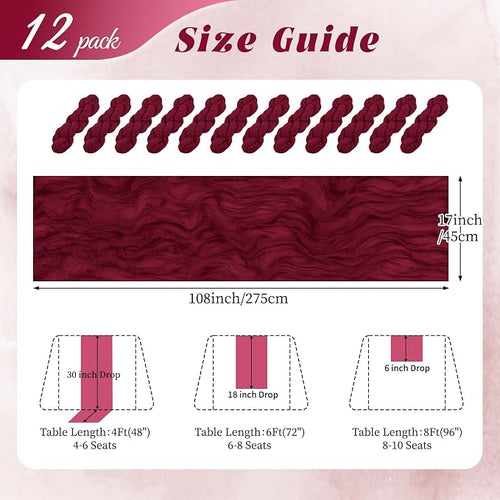 12 Pack Burgundy Cheesecloth Table Runner 17x108 Inch Semi Sheer Boho Gauze - Image 2