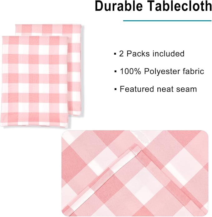 Plaid Tablecloth 2 Pack, 54 x 108 inch, Peach Pink and White | Waterproof - Image 3