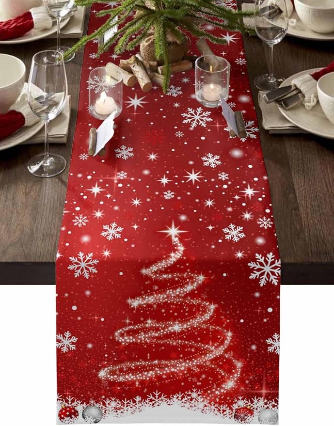 Red Christmas Table Runner 108 Inches Long, Xmas Tree Balls Snowflake Table by Unknown