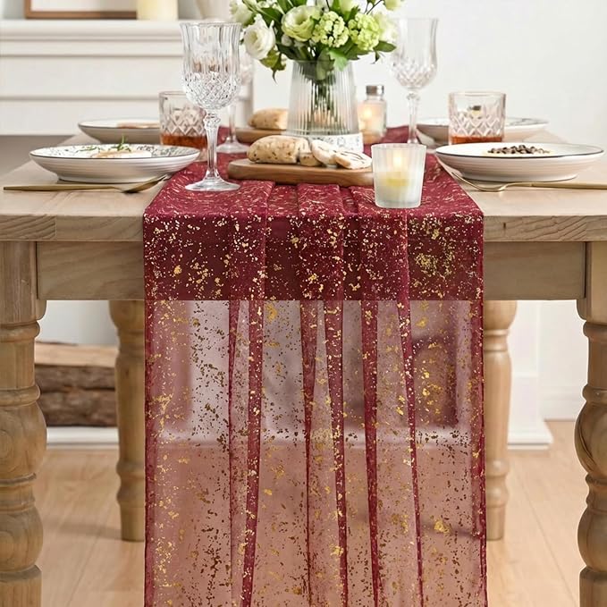 Artoid Mode 6PC Burgundy Gold Gauze Table Runner 120 Inch 10FT, Glitter - Image 2