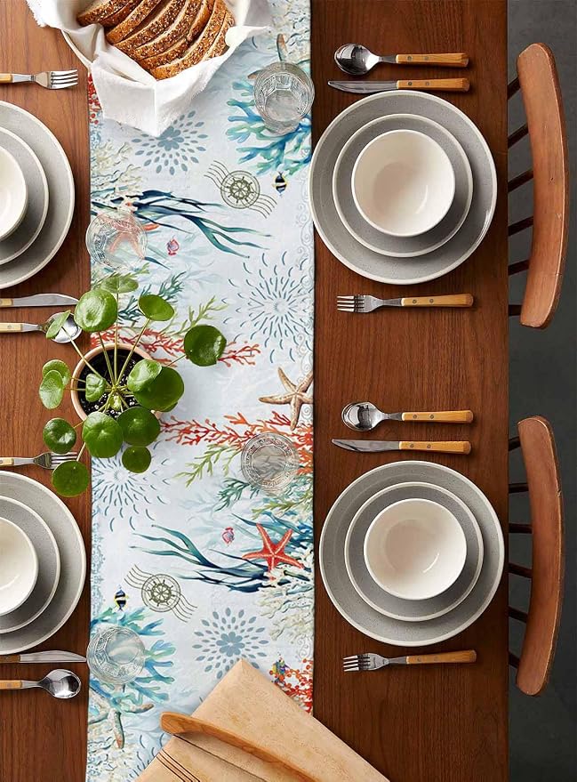 Sea Turtle Coastal Table Runners 70 Inches Long, Summer Beach Coral Table - Image 5