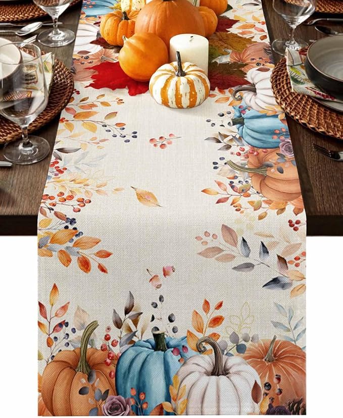 Orange Blue Pumpkin Fall Table Runner 36 Inches Long, Thanksgiving Eucalyptus by Unknown
