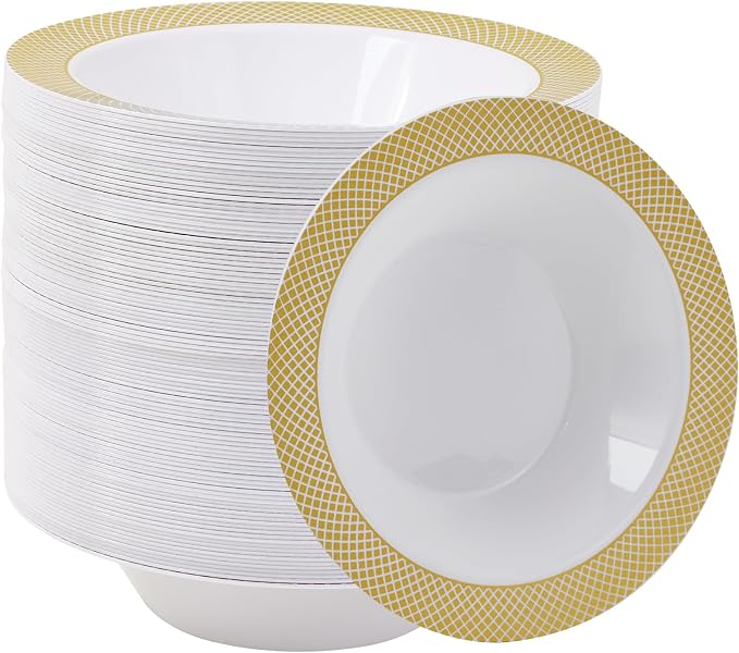 Plastic Bowls with Gold Grid Rim Disposable 12oz Bolws 100Pack | Disposable by JOLLYCHEF