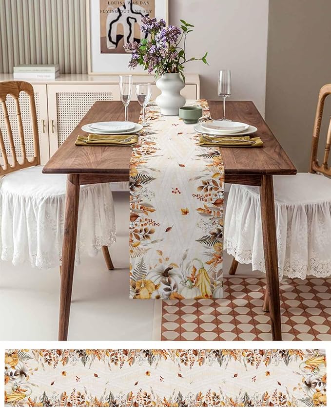 White Golden-Yellow Pumpkin Fall Table Runner 90 Inches Long, Thanksgiving - Image 4