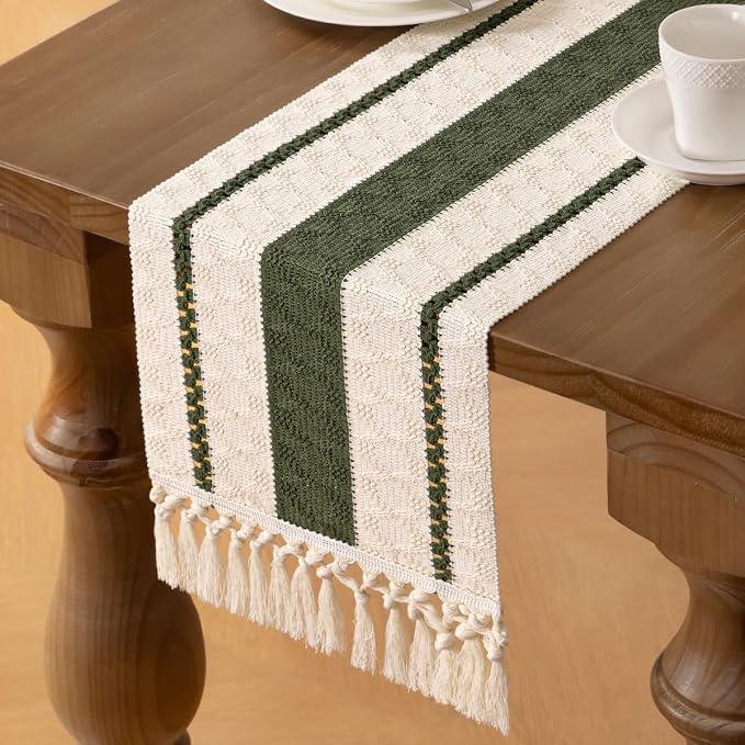 MLMW Boho Table Runner 40 inches Olive Green&Ivory Small Coffee Table Runner - Image 3