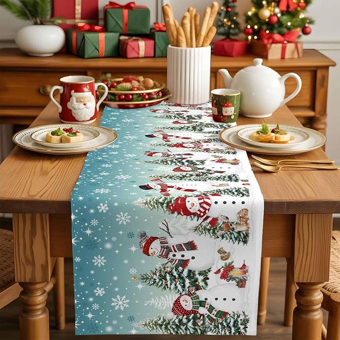 Teal Christmas Snowman Table Runner 90 Inches Long, Xmas Trees Snowflake Table - Image 5