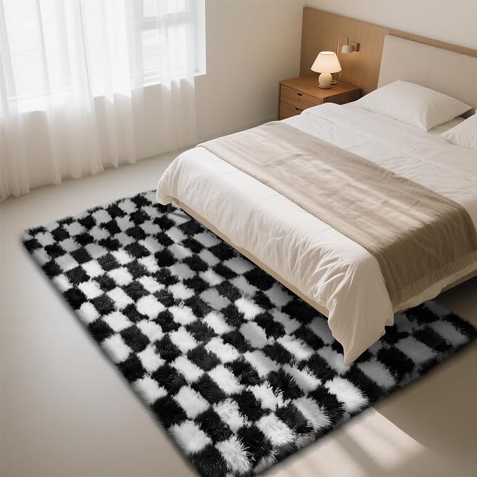 Checkered Rug for Bedroom, 4x6 Black and White Area Rugs, Classic Checkered - Image 2