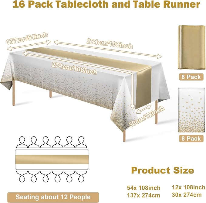 16Pack Disposable Plastic Tablecloths and Satin Table Runner Set White and Gold - Image 2