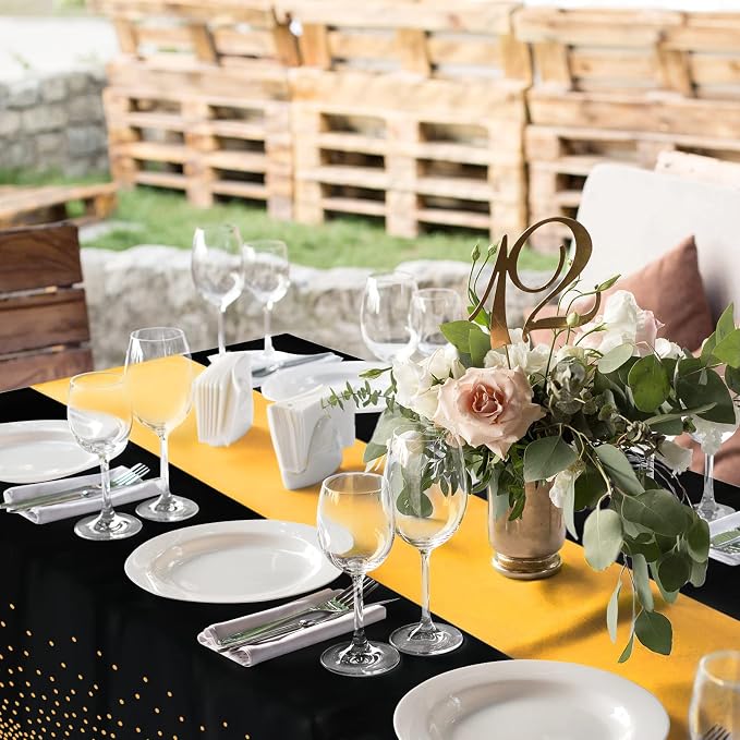 16Pack Disposable Plastic Tablecloths and Satin Table Runner Set Black Gold Dot - Image 7