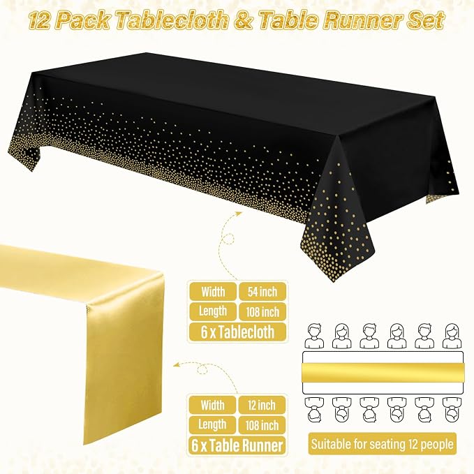 12 Pack Black and Gold Tablecloth and Table Runner Set Party Decorations - Image 2