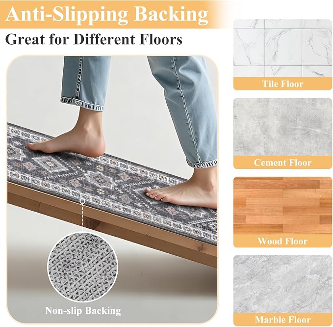 HEBE Boho Kitchen Rugs Sets of 2, Non Slip Washable Kitchen Mats - Image 4