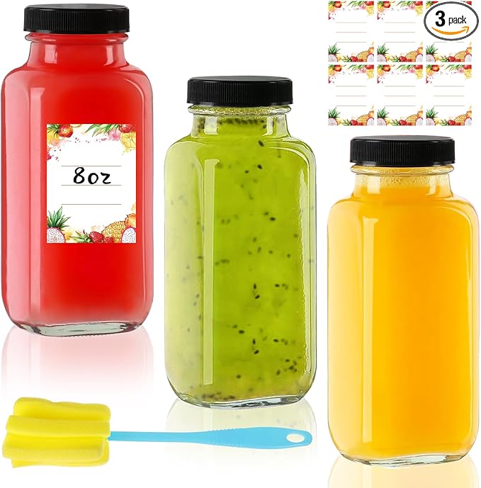 8 oz Glass Juice Bottles with Lids 3-Pack by Unknown