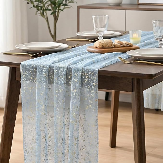 Artoid Mode Gold Gauze Light Blue Table Runner 120 Inch 10FT, Glitter Metallic - Image 6