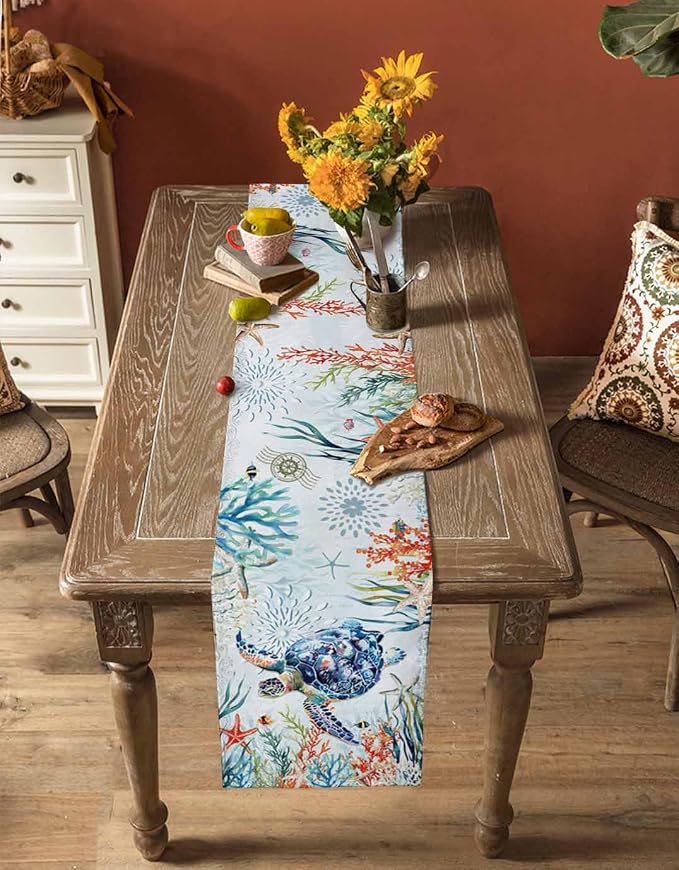 Sea Turtle Coastal Table Runners 70 Inches Long, Summer Beach Coral Table - Image 4