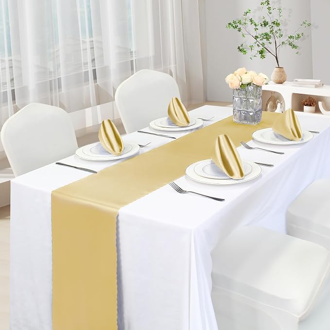 VACVELT Gold Satin Table Runners, 12x72 Inch, 2 Pack, Scalloped Edge | Silky - Image 2