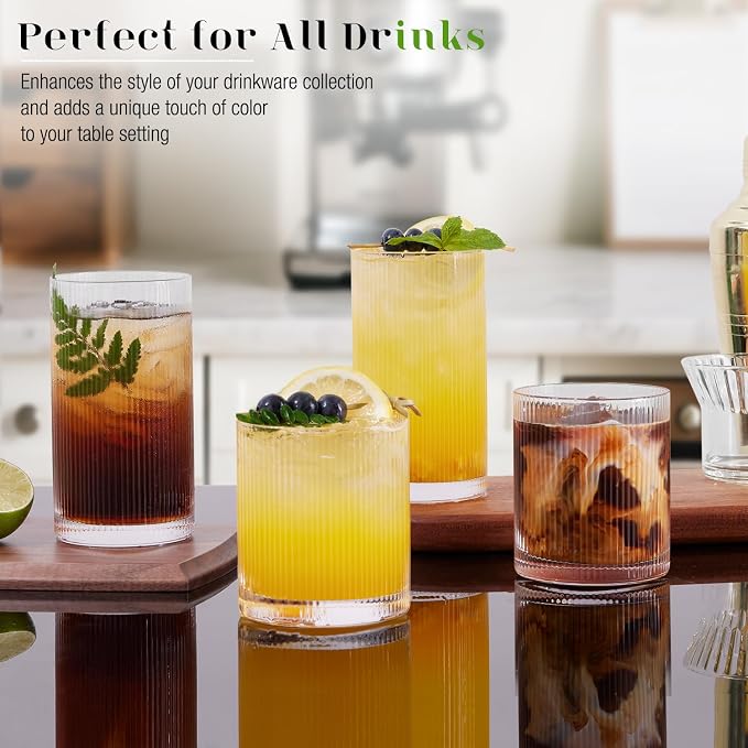 Ribbed Drinking Glasses Cups Set of 8 Large Capacity Highball 17oz&12oz | Rocks - Image 5