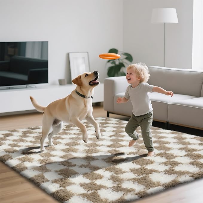 Checkered Area Rugs for Living Room 6x9, Fluffy Beige and White Checkered Rug - Image 7