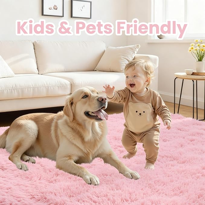 2x6 Bedside Area Rugs for Bedroom: Soft Fluffy Shag Pink Rug for Hallway - Image 3