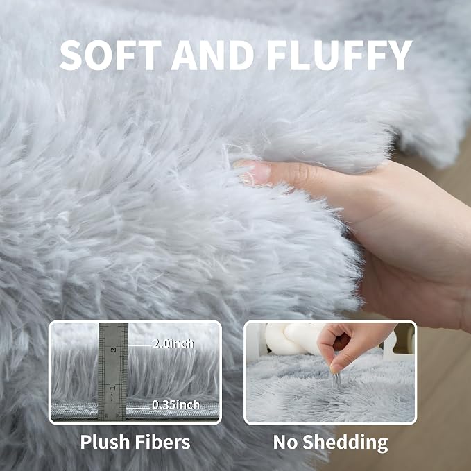 KICHOWUA Area Rug 5x7 Light Grey Fluffy Shag - Image 3