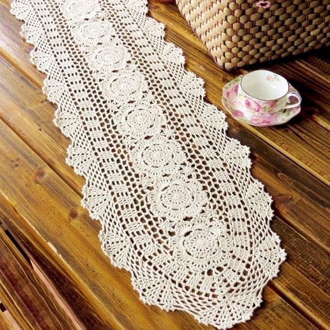 Cotton Handmade Crochet Lace Table Runner Dark Brown 12x36 Inch | Oval - Image 2