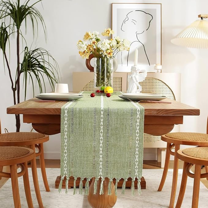 Wracra Rustic Linen Table Runner, Sage Green Table Runners 108 inches Long | by Wracra