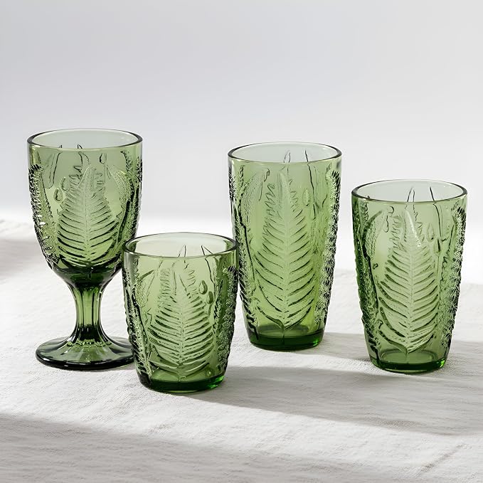 Green Drinking Glasses Set of 8, 16 oz Glass Cups, Vintage Fern Glassware | - Image 9