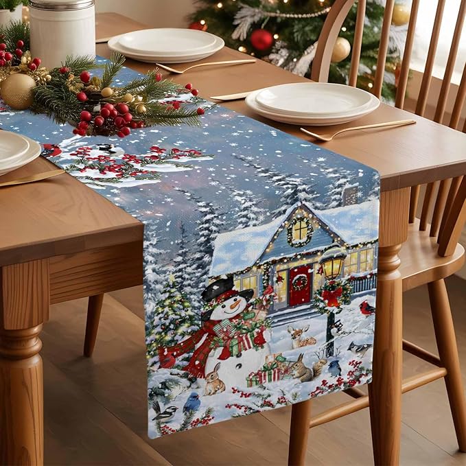 Merry Christmas Table Runner 60 Inches Long, Xmas Trees Snowman Snowflake Table - Image 3