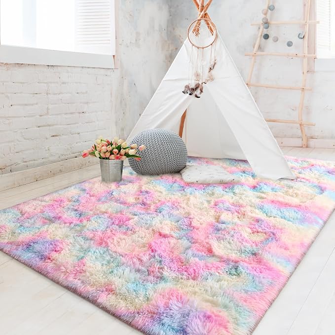 FlyDOIT Large Area Rugs for Living Room, 5x8 Feet Tie-Dyed Rainbow Shaggy Rug - Image 9