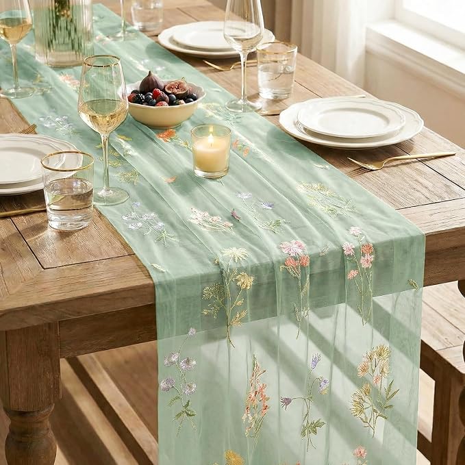 Artoid Mode 3PC Wildflower Floral Sage Green Gauze Embroidery Table Runner 120 - Image 7