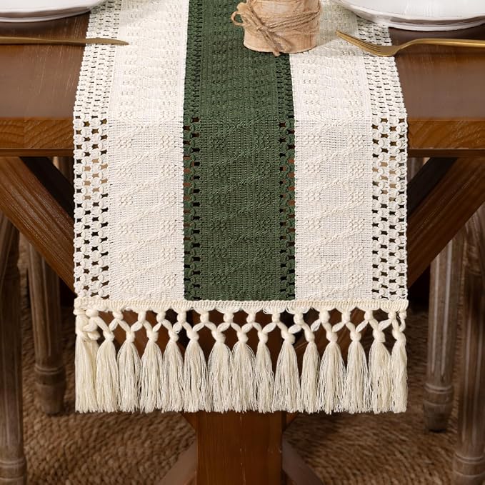 DeZerlor Ivory&Olive Green Boho Macrame Farmhouse Woven Table Runner 108In | by DeZerlor