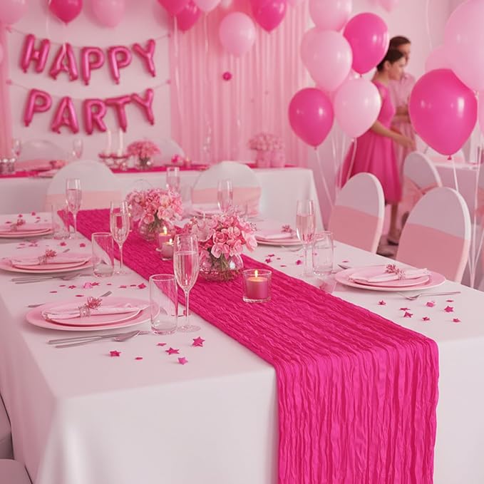 3 Pack Hot Pink Cheesecloth Table Runner 120 Inch Boho Wedding Decor | - Image 8