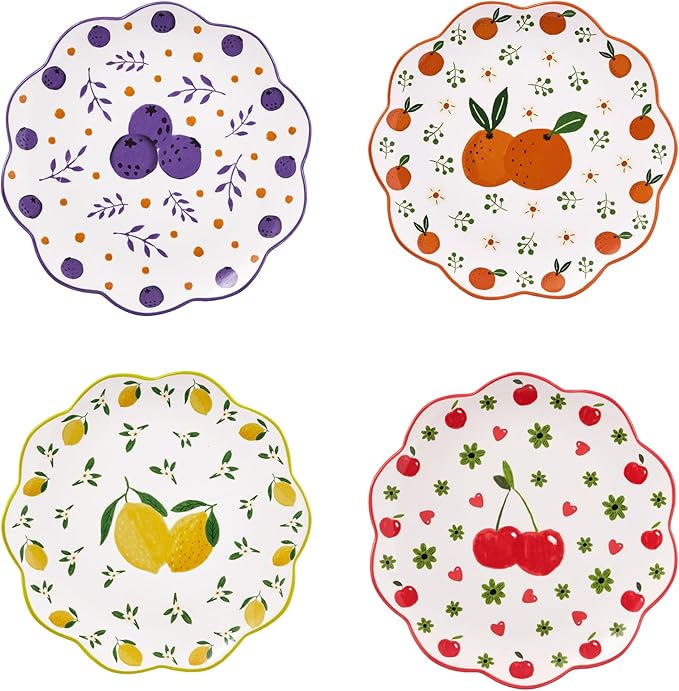 Bico Fruit Pop Scalloped Salad Plates Set of 4, 8.75 Inch Ceramic Dessert Plates by Bico