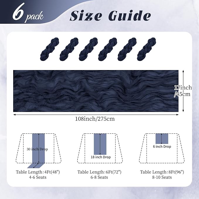 6 Pack Navy Blue Cheesecloth Table Runner 17x108 Inch Semi Sheer Boho Gauze - Image 2
