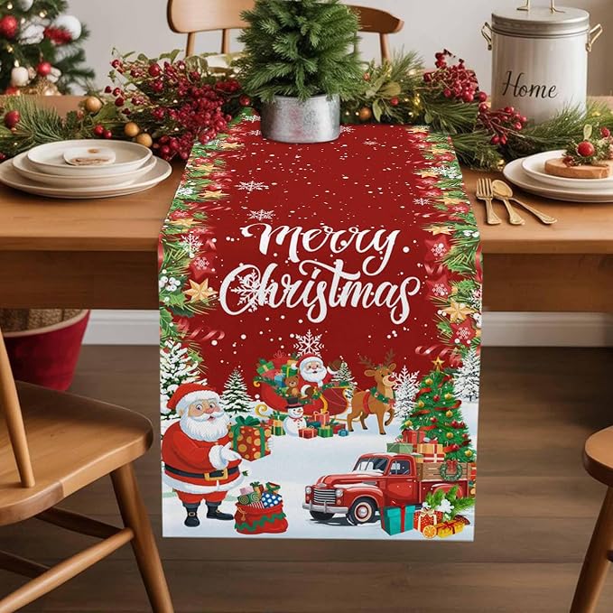 Merry Christmas Table Runner 70 Inches Long, Santa Xmas Tree Snowflake Table - Image 2