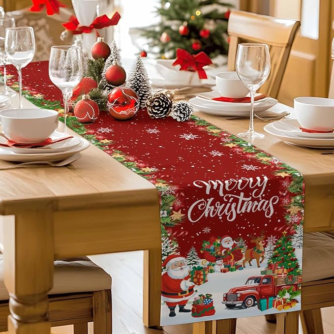 Merry Christmas Table Runner 70 Inches Long, Santa Xmas Tree Snowflake Table - Image 9