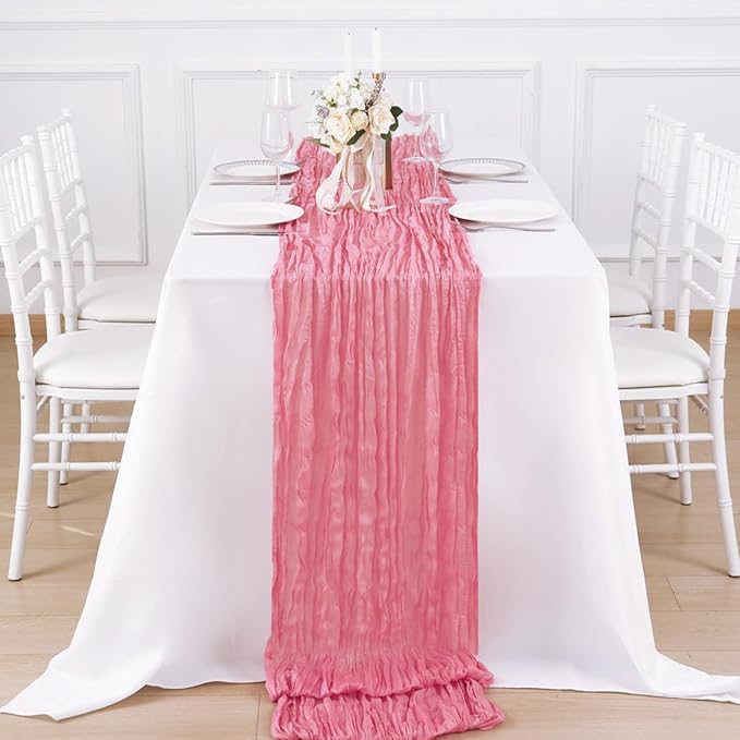 3 Pack Rose Pink Cheesecloth Table Runner 120 Inch Boho Wedding Decor | - Image 4