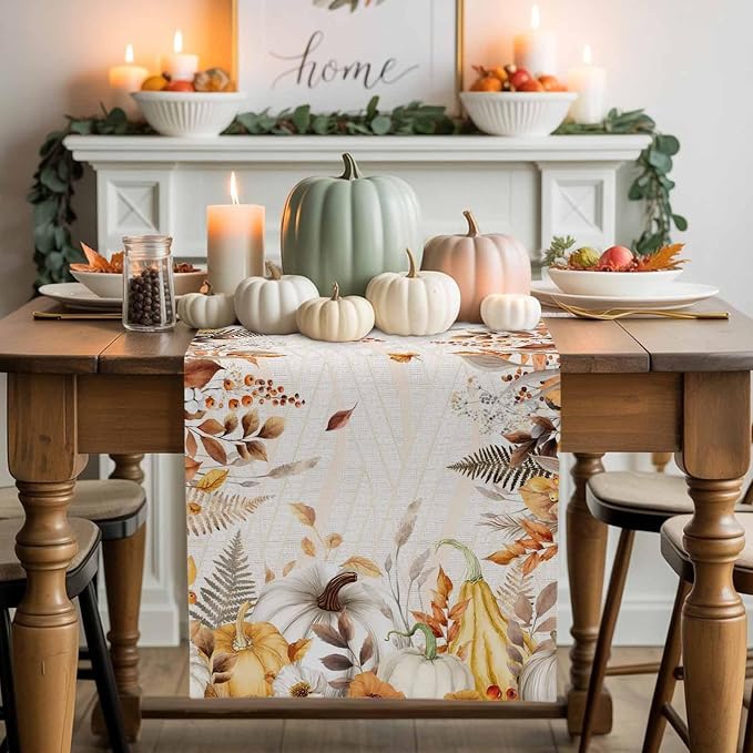 White Golden-Yellow Pumpkin Fall Table Runner 90 Inches Long, Thanksgiving - Image 2