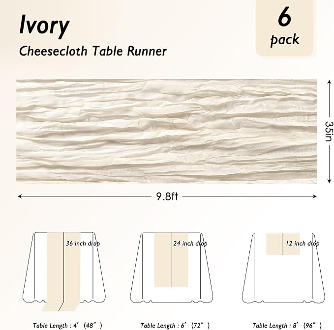 20 Pack Ivory White Cheesecloth Table Runner 120 Inch Boho Wedding Decor | - Image 2