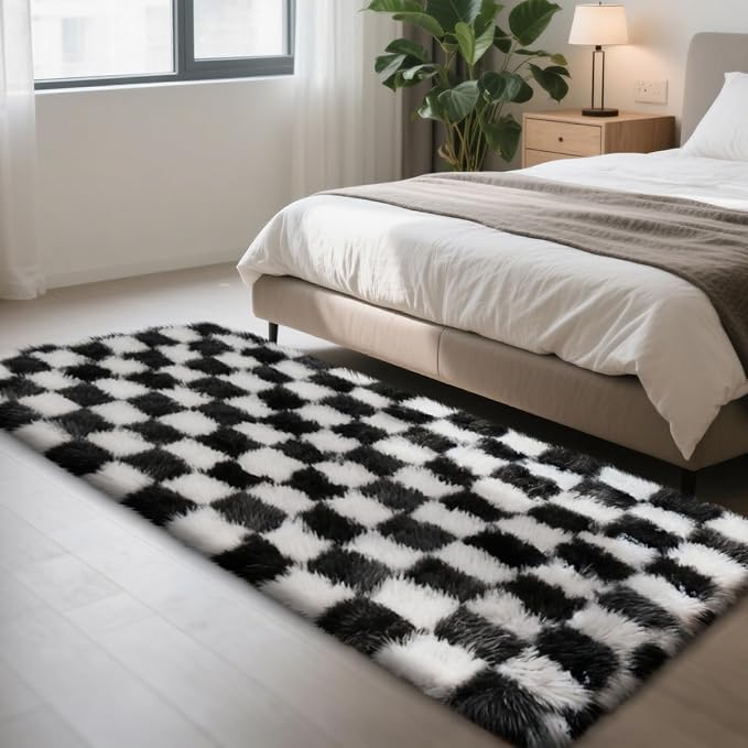Checkered Rug for Bedroom, 2x6 Black and White Area Rugs, Classic Checkered - Image 3