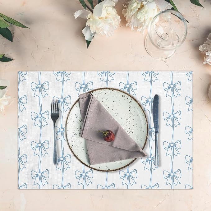 Blue Bow Placemats Set of 4, Washable Heat Resistant Placemats Kitchen Table - Image 3
